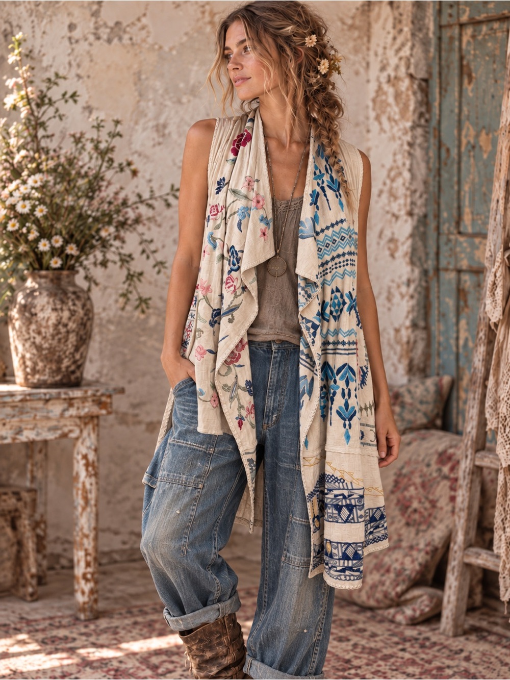 Johnny Was Biya Cream Embroidered Longline Duster Vest Small Open Front Boho